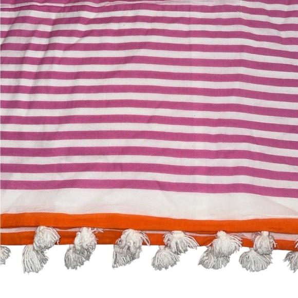 Serena & Lily Pink White Orange Stripe Cotton Pom Pom Twin Size Coverlet‎ - Picture 8 of 9
